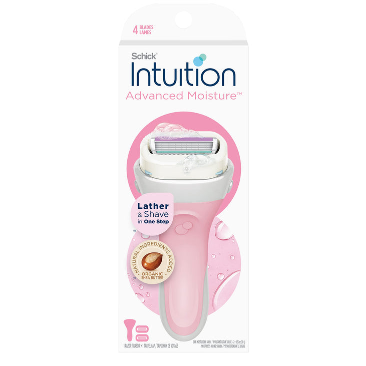 Schick Intuition Advanced Moisture Women's Razor Handle Plus 2 4-Blade Razor Refills, Lather & Shave In One Step