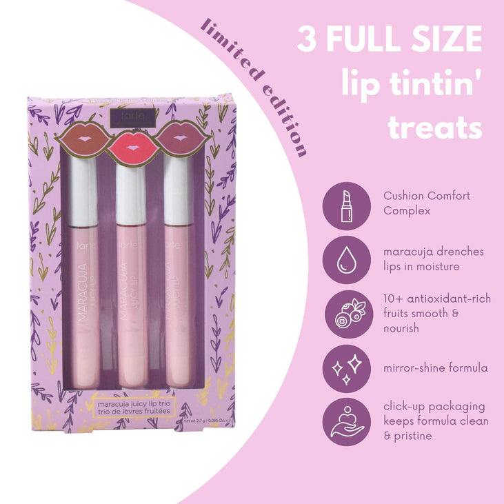 Tarte Maracuja Juicy Lip Balm Trio Holiday Makeup Pack - Buttered Rum, Merry Martini, Holiday Spritz