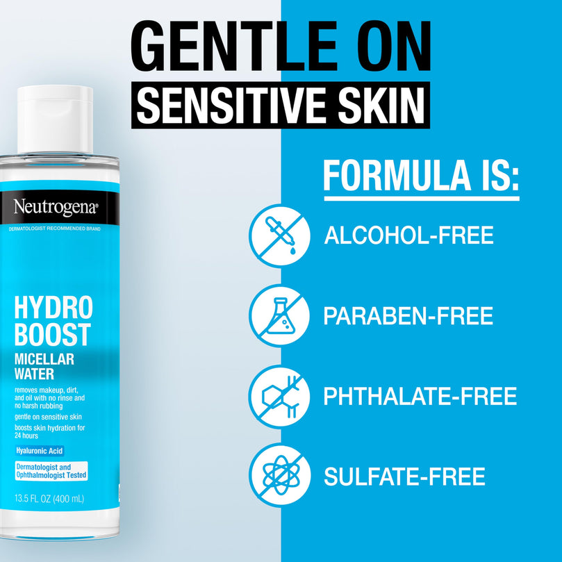 Neutrogena Hydro Boost Micellar Water with Hydrating Hyaluronic Acid, Micellar Cleansing Water for Sensitive Skin Removes Makeup, Dirt & Oil, Non-Comedogenic & Alcohol-Free, 13.5 fl. oz