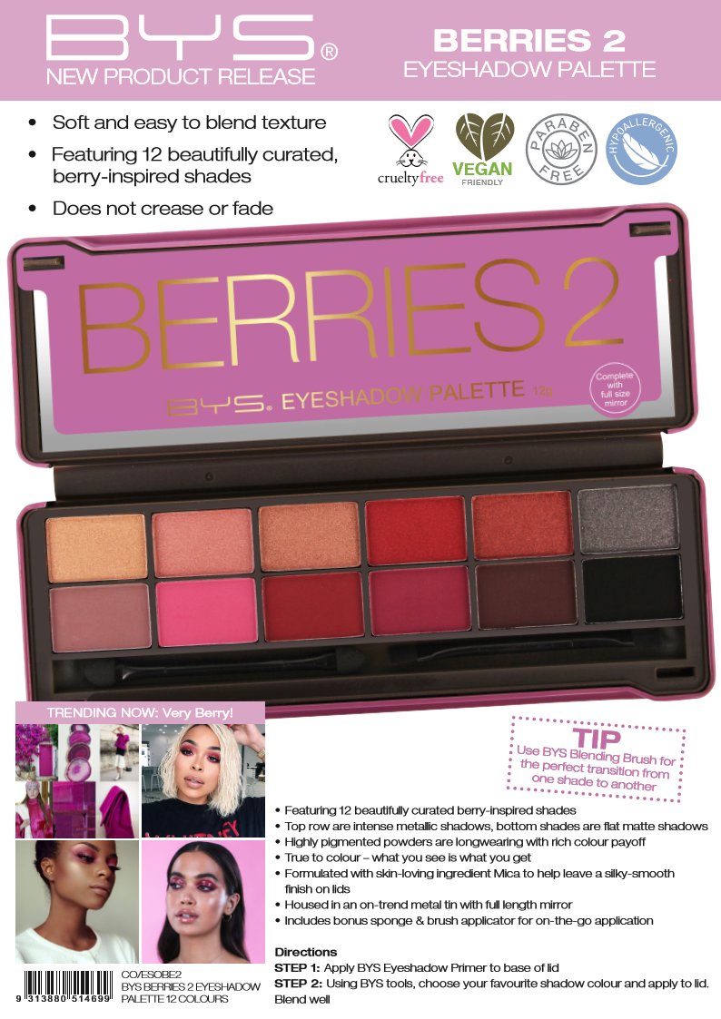 BYS Berries 2 Eyeshadow Palette, 12 Color Collection in Tin Kit with Mirror - Highly Pigmented Matte & Metallic Shades