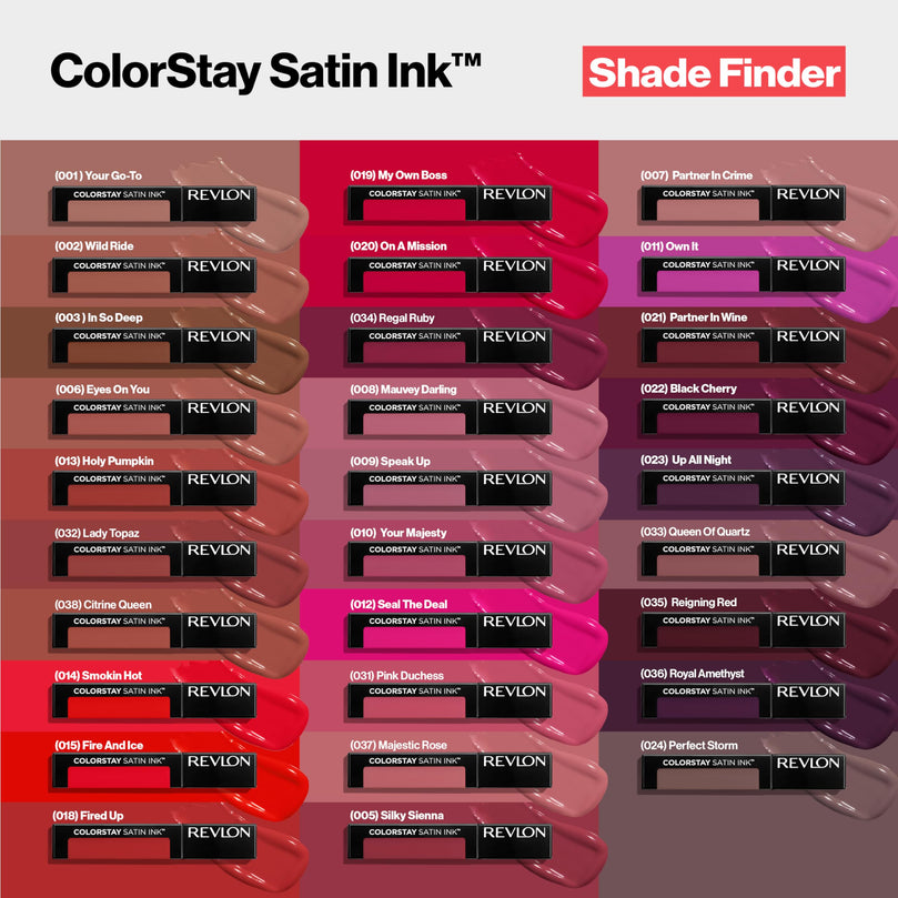 REVLON ColorStay Satin Ink Crown Jewels Liquid Lipstick, Longlasting & Waterproof Lipcolor, Moisturizing Creamy Formula Infused with Black Currant Seed Oil, 035 Reigning Red, 0.17 fl oz.