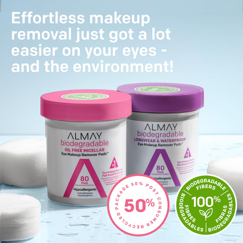 Almay Biodegradable Micellar Eye Makeup Remover Pads, - 80 count