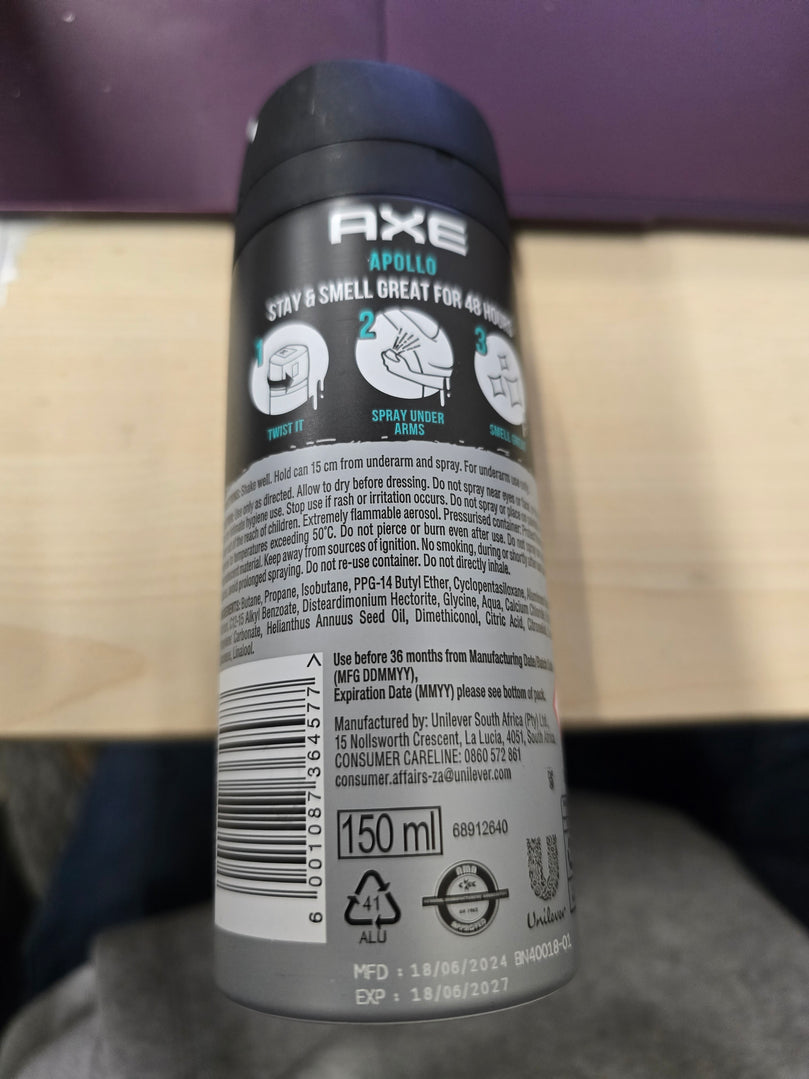 Axe Apollo Mens Deodorant Body Spray 150 ml / 5.07 oz (Pack of 3)