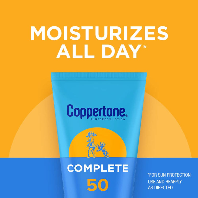 Coppertone Complete Sunscreen Lotion SPF 50, Face and Body Sunscreen, Lightweight, Water Resistant, 7 Fl Oz