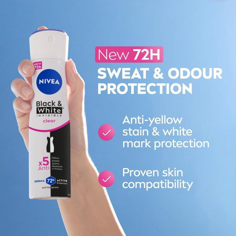 NIVEA Black & White Invisible Clear Anti-Perspirant Deodorant Spray 200ml 2-Pack