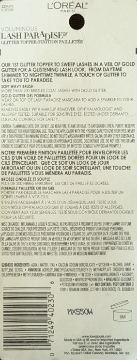 Loreal Voluminous Lash Paradise Glitter Topper 225 Gold Or 0.27 Oz