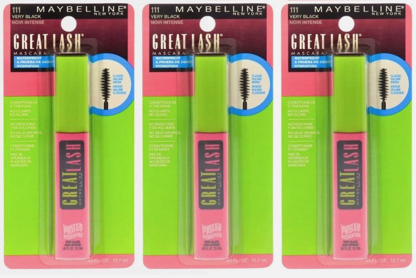 Maybelline New York Great Lash Waterproof Mascara Makeup Very Black 3 Count