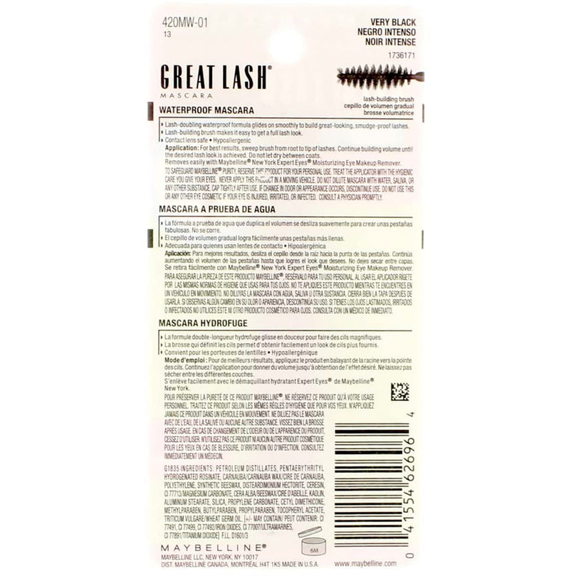 Maybelline Great Lash Waterproof Mascara, Very Black [111], 0.43 oz (Pack of 5)