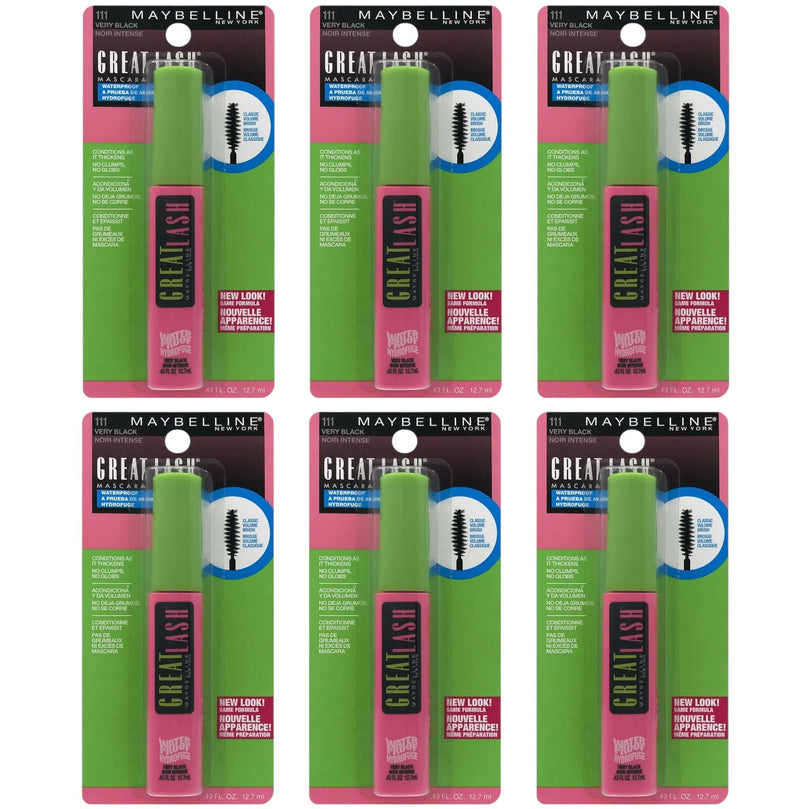Maybelline Great Lash Waterproof Mascara, Very Black [111], 0.43 oz (Pack of 6)