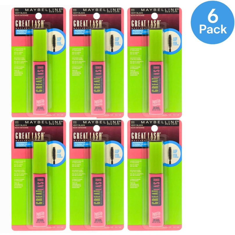 Maybelline Great Lash Waterproof Mascara, Very Black [111], 0.43 oz (Pack of 6)
