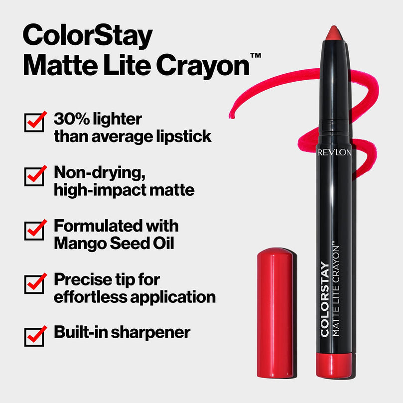 Revlon ColorStay Matte Lite Crayon Lipstick with Built-in Sharpener, Smudgeproof, Water-Resistant, 003 Soufflé All Day, 0.049 oz