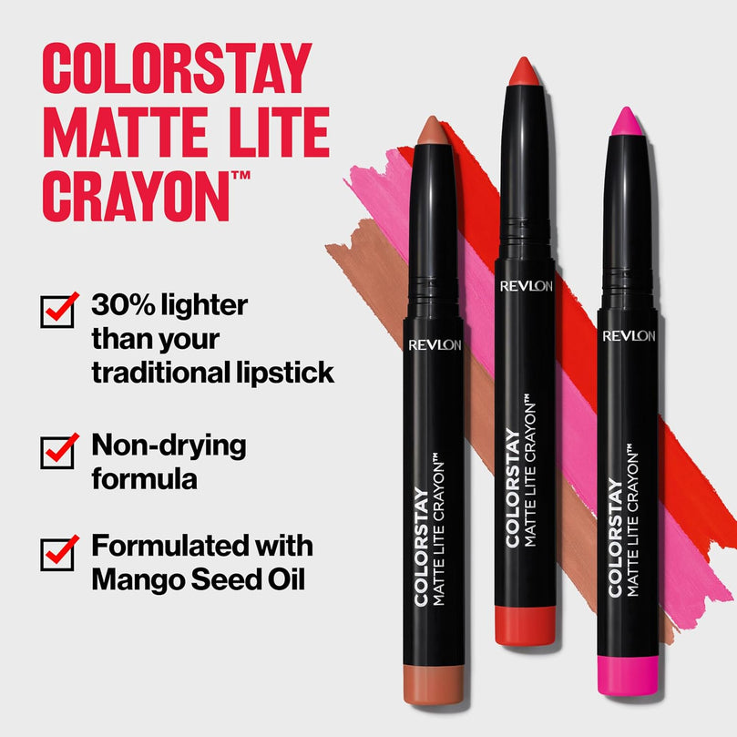 Revlon ColorStay Matte Lite Crayon Lipstick with Built-in Sharpener, Smudgeproof, Water-Resistant, 003 Soufflé All Day, 0.049 oz