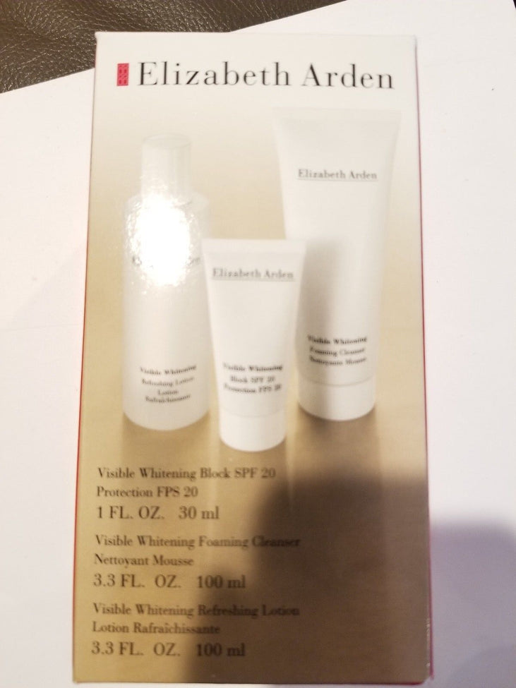 Elizabeth arden visible whitening lotion, cleanser, and sun block set