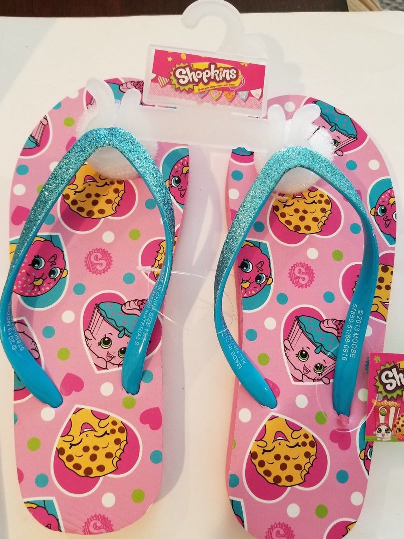 Shopkins girls sandals size 11/12 multi character blue strap pink bottom