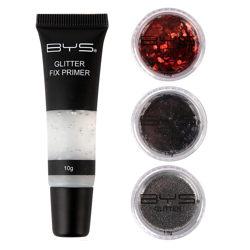 BYS Glitter Face and Body Kit Rebel - instant sparkle three pots assorted glitters experiment different textures and dimensions Glitter Fix Primer to set and hold in place