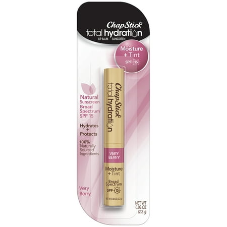 ChapStick Total Hydration Moisture + Tint SPF 15 Very Berry lip balm to protect and keep lips nourished and healthy looking, with natural sunscreen, 0.08 oz tube