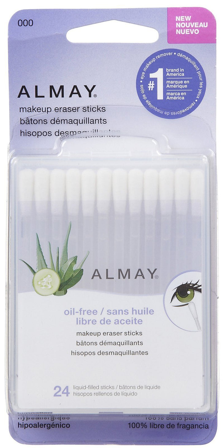 Almay Oil Free Gentle Makeup Eraser Sticks, Makeup Remover Cotton Swabs with Aloe, Hypoallergenic, Cruelty Free, Fragrance Free, Dermatologist Ophthalmologist Tested, 24 Count