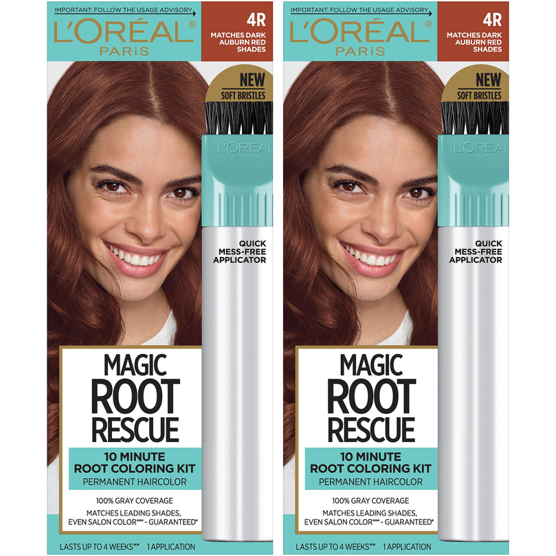 L'Oreal Paris Magic Root Rescue 10 Minute Root Hair Coloring Kit, Permanent Hair Color with Quick Precision Applicator, 100% Gray Coverage, 4R Dark Auburn, 2 count Pack of 2 Dark Auburn Re