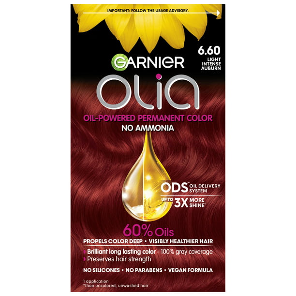 Garnier Hair Color Olia Ammonia-Free Brilliant Color Oil-Rich Permanent Hair Dye, 6.60 Light Intense Auburn, 2 Count (Packaging May Vary)